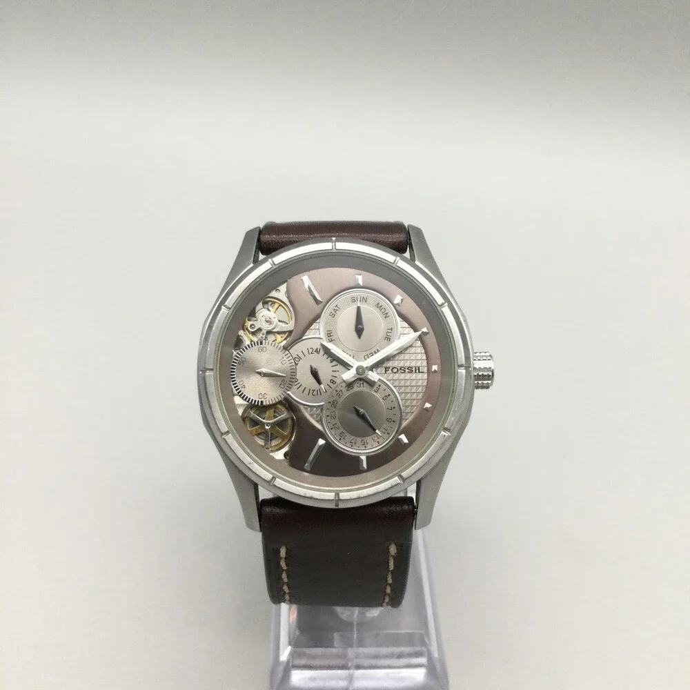 Fossil Twist Mens Watch 42mm Brown Skeleton Dial Leather Automatic Multifunction